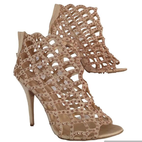 Zigisoho Womens Sz 9 DURAN Womens Caged Strappy Heels Cinnamon Rhinestones - Picture 1 of 11